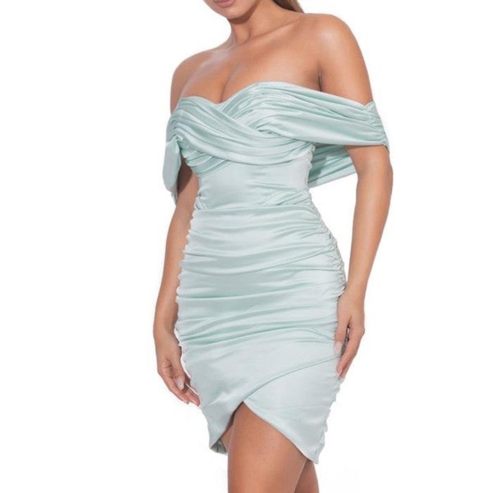 MINT SATIN OFF SHOULDER RUCHED DRESS - Picture 4 of 7